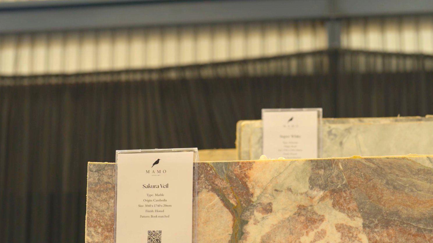 Full stone slabs on display at MAMO's Warners Bay showroom, Newcastle